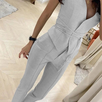 Elegant Pantsuit Set 2 Piece Solid V-Collar Top and Trousers for Women's Fashion Streetwear Summer Outfit