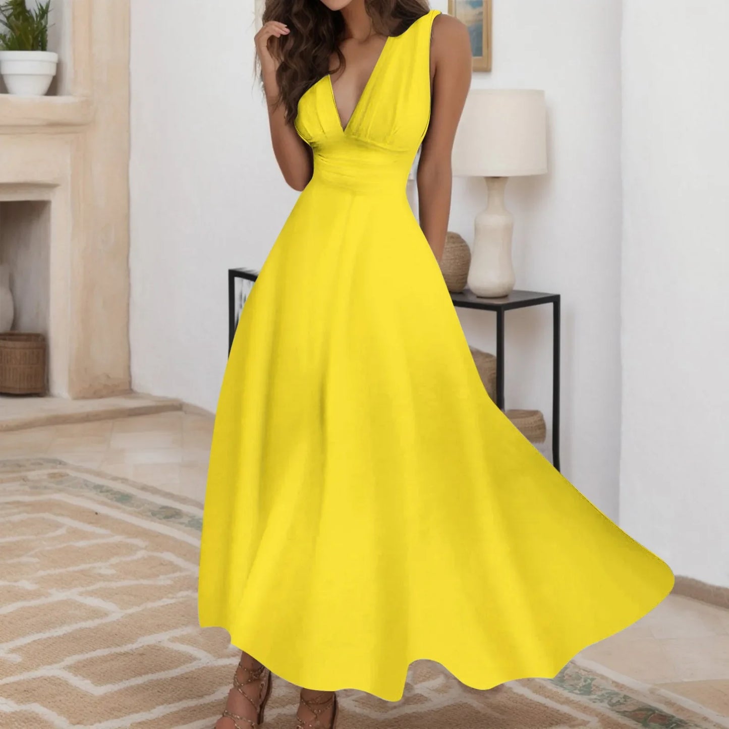 Women's Casual Sundress Solid Color Sleeveless V Neck Side Zipper Long Dress Elegant Sundress