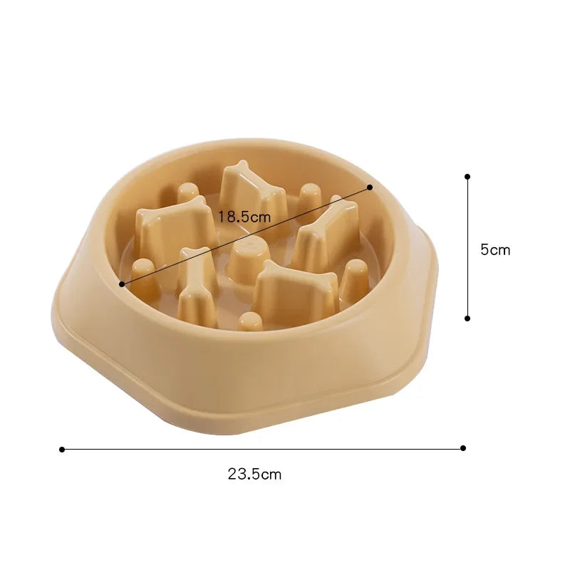 Beige dog slow feeder with measurements on a white background