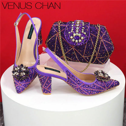Italian Shoe and Bag Set With Decorated with Rhinestone
