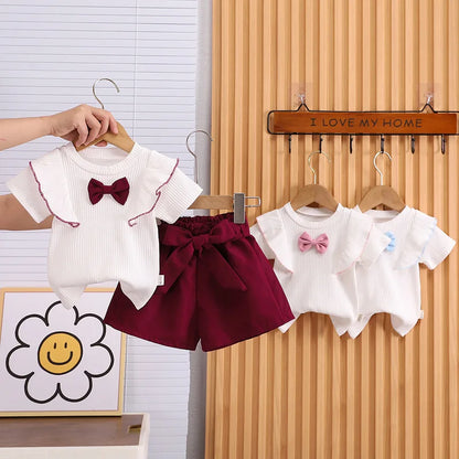 Baby Girls Clothes Summer Outfit Set Bow Top And Shorts 2-Piece Children's Clothing Ensemble for Girls