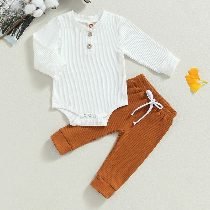 Baby Boy 2 Piece Outfit Solid Color Ribbed Button Long Sleeve Rompers and Elastic Pants Fall Spring Clothes
