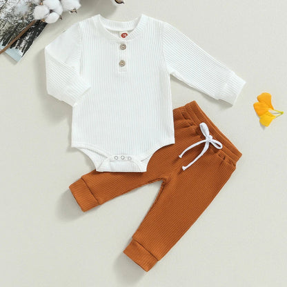 Baby Boy 2 Piece Outfit Solid Color Ribbed Button Long Sleeve Rompers and Elastic Pants Fall Spring Clothes