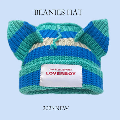2023 New Long Ear Fox Hat Skullies Beanies Women Cute Rabbit Ears Crochet Knitted Hat Men Winter Hip-hop Warm Cap Christmas Gift