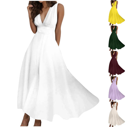 Women's Casual Sundress Solid Color Sleeveless V Neck Side Zipper Long Dress Elegant Sundress
