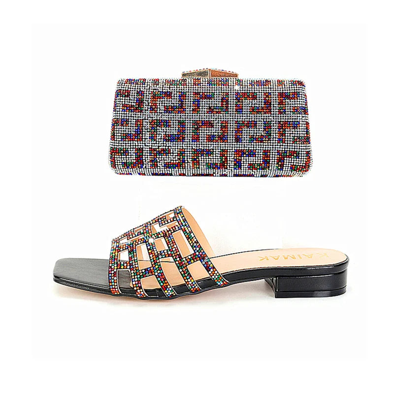 Shoes and Bag Set Women Summer Flat with Crystal