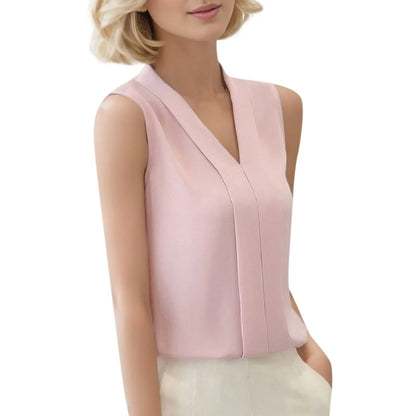 Elegant V Neck Satin Blouse for Women - Sleeveless Casual Office Shirt