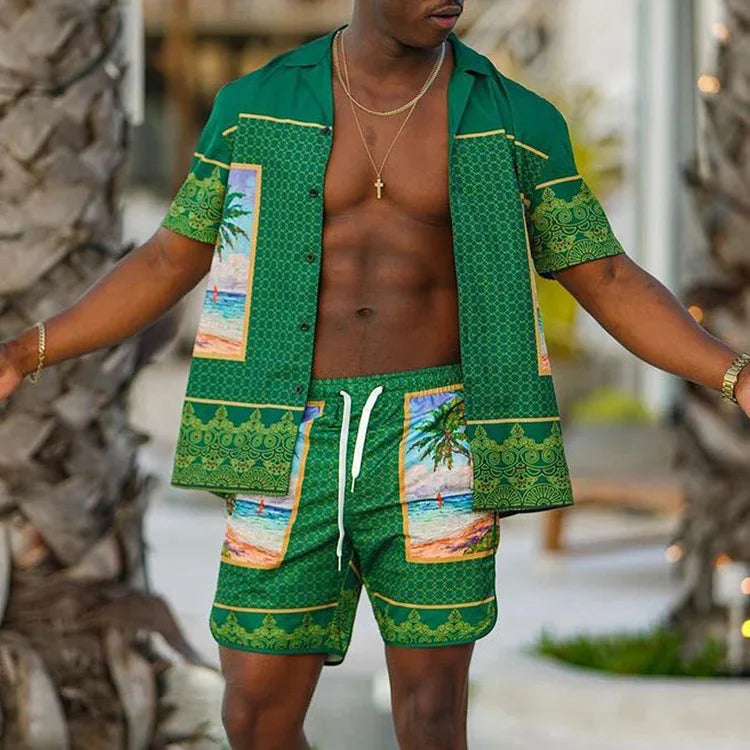 Men Beach Shirt Sets Retro Ethnic Style