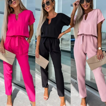 Women's Summer Jumpsuit Solid Color Short Sleeve V-neck Pocket Lace-up Pencil Long Pants