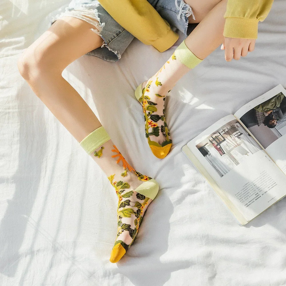 BotaniBabe Sheer Bloom Socks – Embroidered Crystal Silk Socks