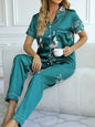 Green Floral Satin Pajamas - Smooth & Comfortable Short Sleeve Pocket Lapel Top & Cozy Long Pants Women's Loungewear & Sleepwear