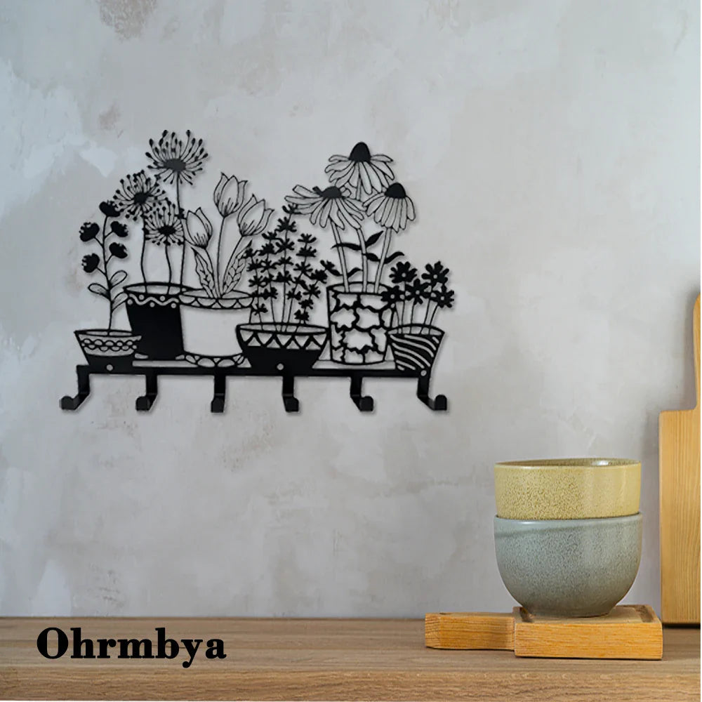 Metal Holder Black Flower Vase Key Holder Coat Hanger 6 Hooks Coat Rack Modern Wall Hangings Entryway Coat Rack Kitchen Holder