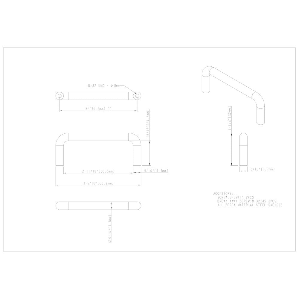 3" Center-to-Center Satin Nickel Torino Cabinet Wire Pull