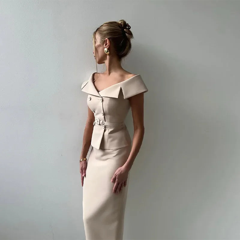 Elegant Midi Skirt Suit Women Double-Breasted Slim Top Belt Hip Package Skirt 2 Piece Outfits