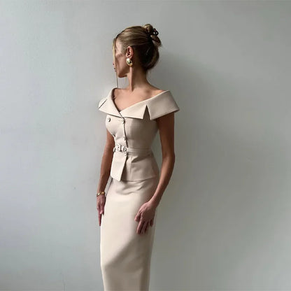 Elegant Midi Skirt Suit Women Double-Breasted Slim Top Belt Hip Package Skirt 2 Piece Outfits