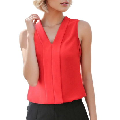 Elegant V Neck Satin Blouse for Women - Sleeveless Casual Office Shirt