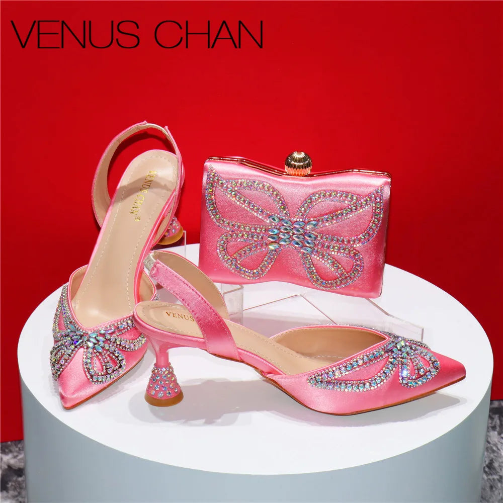 Elegant Rhinestone Pointed-Toe Pumps With Matching Bag Set