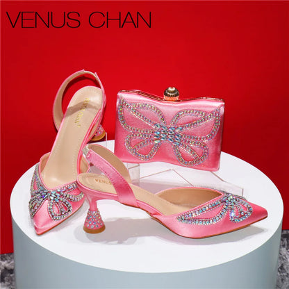 Elegant Rhinestone Pointed-Toe Pumps With Matching Bag Set