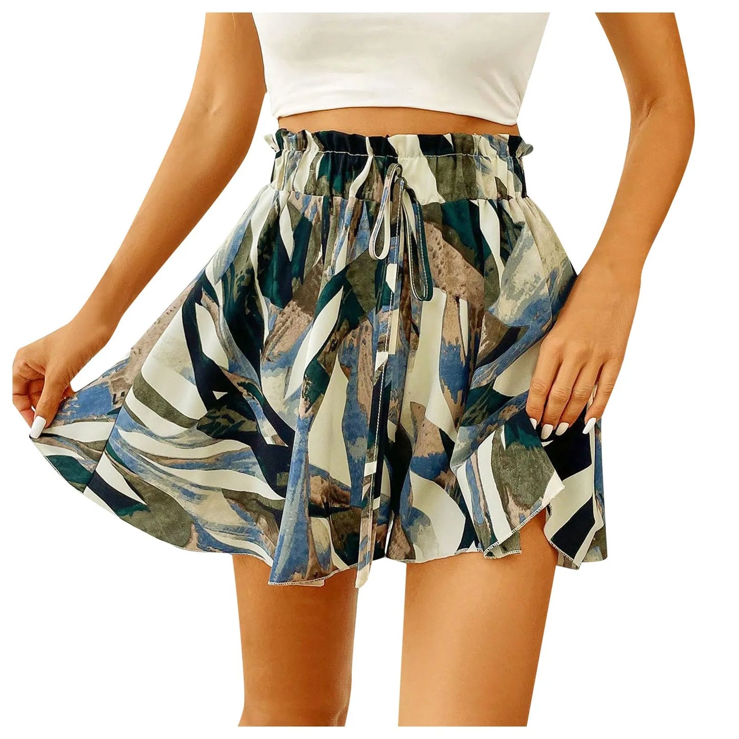 Women's Floral Print Bohemian Shorts with Elastic Waist, Loose Wide Leg, Ruffle Hem