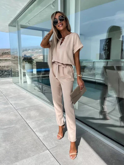 Women's Summer Jumpsuit Solid Color Short Sleeve V-neck Pocket Lace-up Pencil Long Pants
