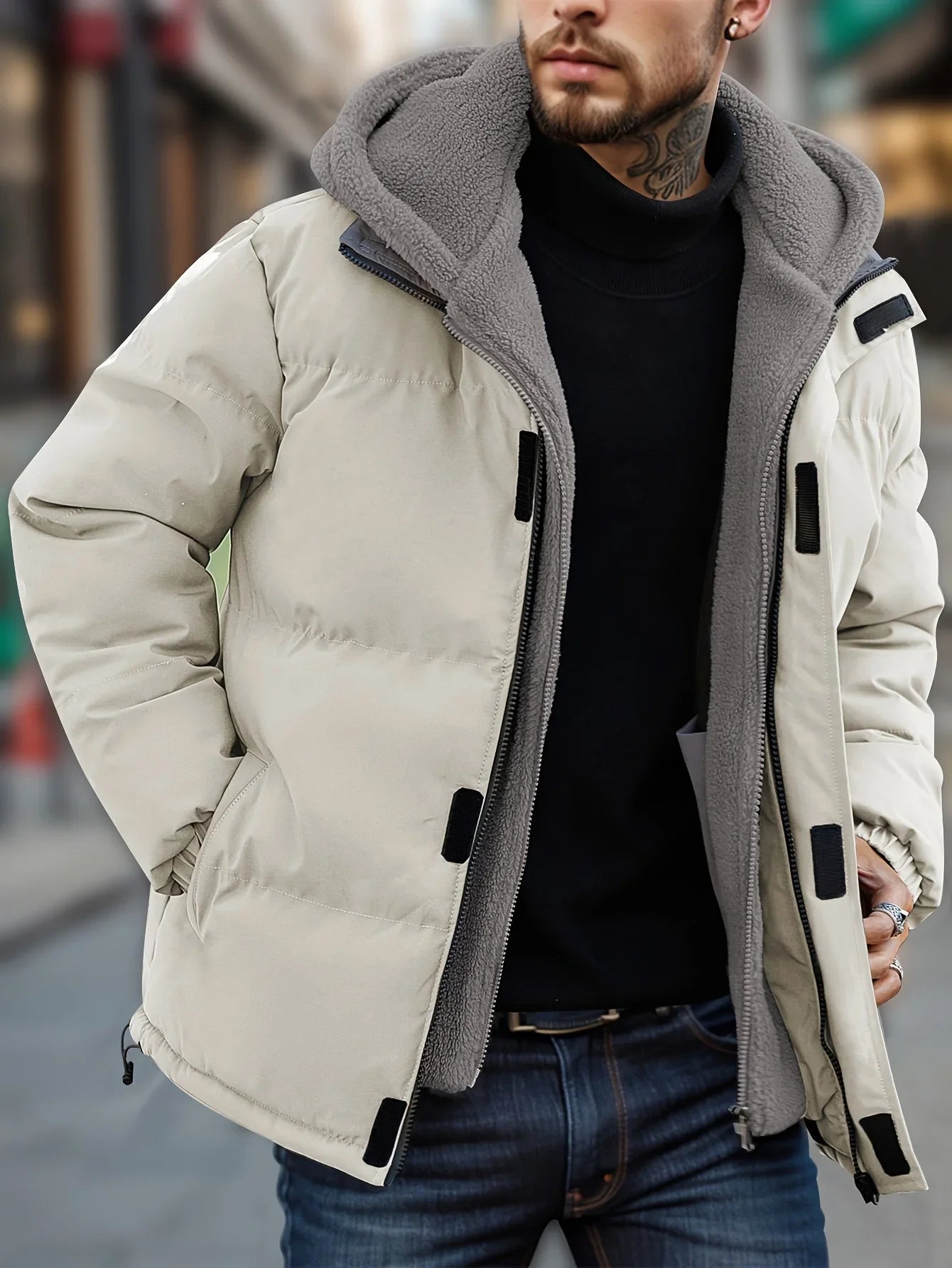 Winter Windproof Men's Faux Jacket Casual Polyester Coat with Detachable Hood Zip-Up Front Long Sleeves & Pockets Winter Clothes