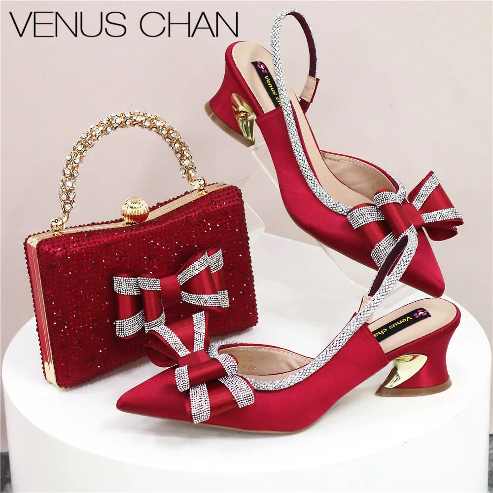 Med Heel Shoes for Women Italian Design Shoes and Bag Set