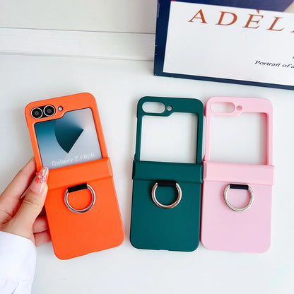 Colorful Matte With Grip Ring Case For Samsung Galaxy Z Flip 6 5 4 3 ZFlip6 ZFlip5 Finger Buckle Solid Color Shockproof Cover