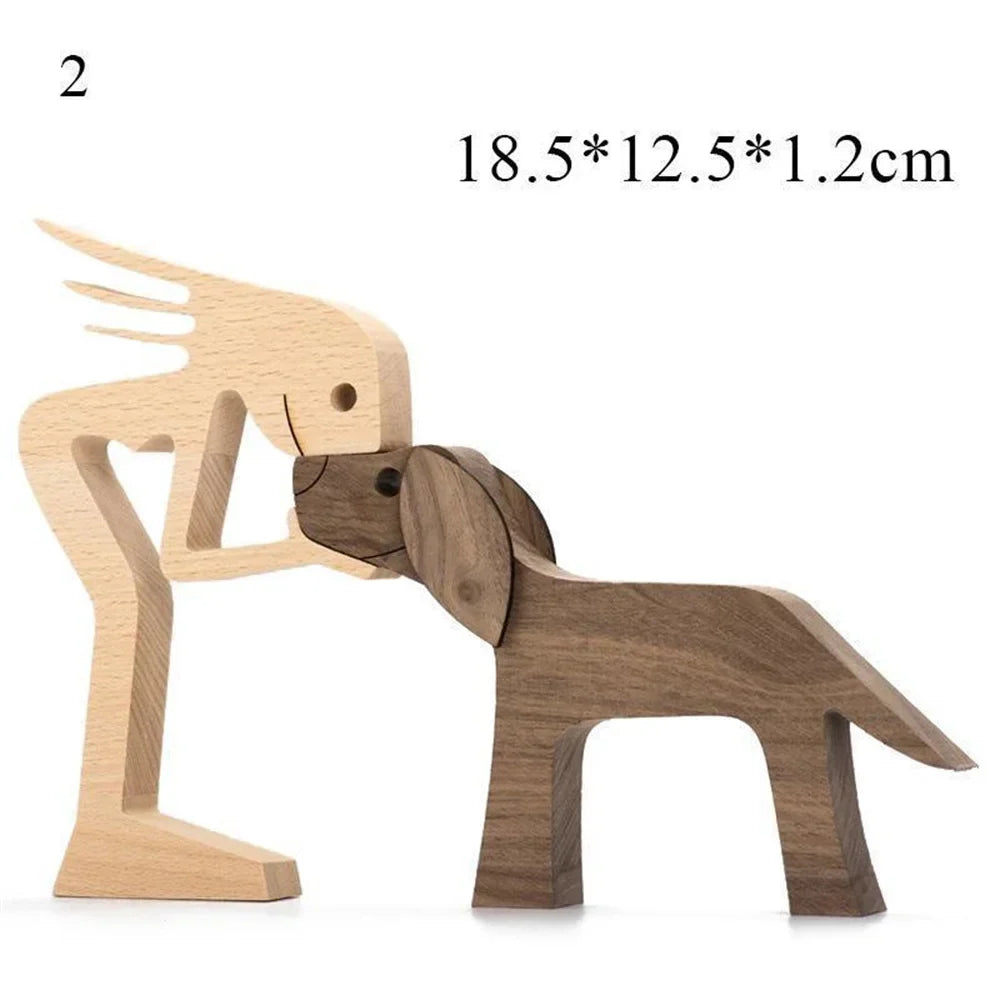 Cute Wood Dog Human Statue Craft Figurine Desktop Table Ornament Carving Model Home Room Decoration Pet Sculpture Christmas Gift