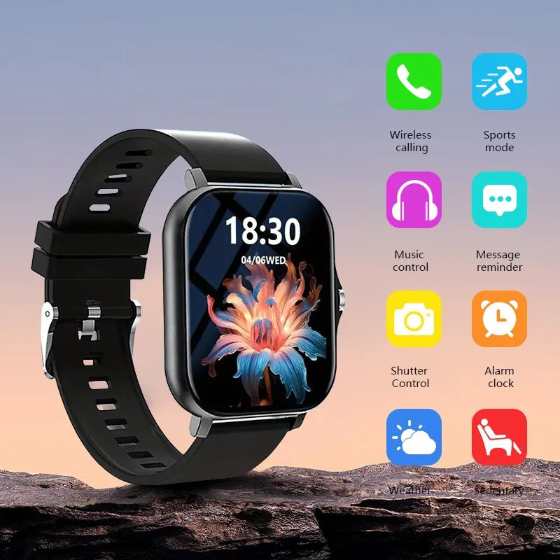 Smartwatch with a colorful display on a rocky surface, featuring app icons on a gradient background.