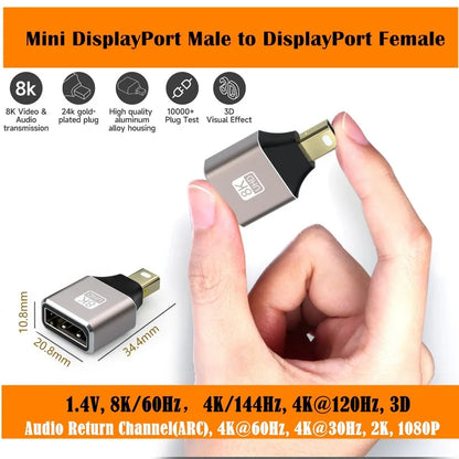 Mini DisplayPort to DisplayPort Adapter 8K60Hz DP2.1 Female to MiniDP Male Bi-Directional Connector for Laptop PC Gaming Monitor