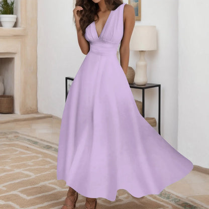 Women's Casual Sundress Solid Color Sleeveless V Neck Side Zipper Long Dress Elegant Sundress