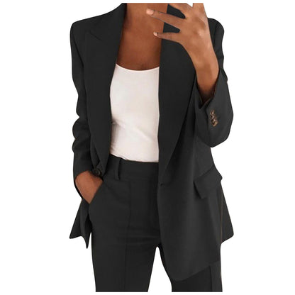 Solid Women's Blazer Coat Notched Long Sleeve Cardigan Button Casual Jacket for Office Ladies