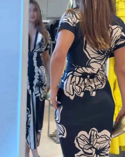 Women Elegant Floral Midi Dress V Neck Short Sleeve Ruched Casual Waist Slit Midi Dress