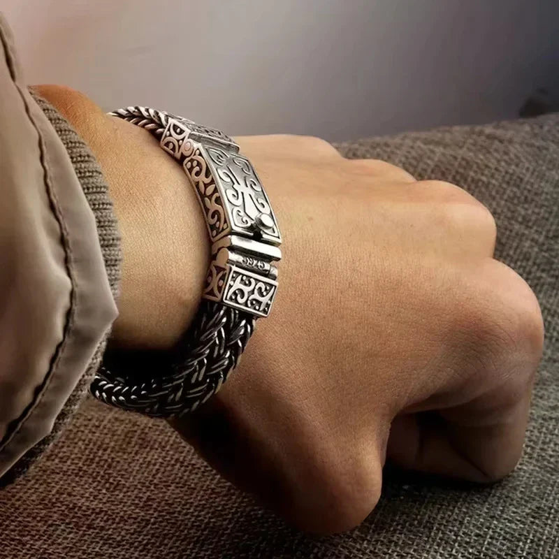 Powerful S925 pure silver vintage pattern woven bracelet, suitable for both men and women, fashionable jewelry gift for everyone