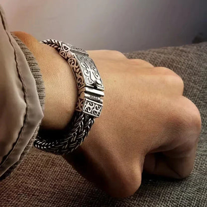 Powerful S925 pure silver vintage pattern woven bracelet, suitable for both men and women, fashionable jewelry gift for everyone