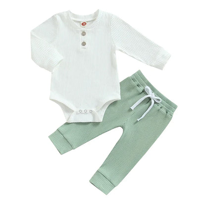 Baby Boy 2 Piece Outfit Solid Color Ribbed Button Long Sleeve Rompers and Elastic Pants Fall Spring Clothes