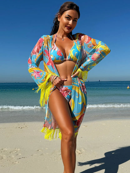 Feely tassel drape three piece swimsuit set