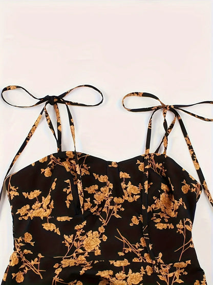European and American Fashion Flower Print A-Line Dress with Shoulder Ties and Slit