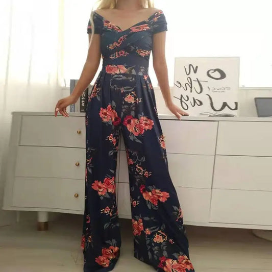 Fashion Printed Off-shoulder Jumpsuit for Women - Casual High-waist Sleeveless One-shoulder Jumpsuit