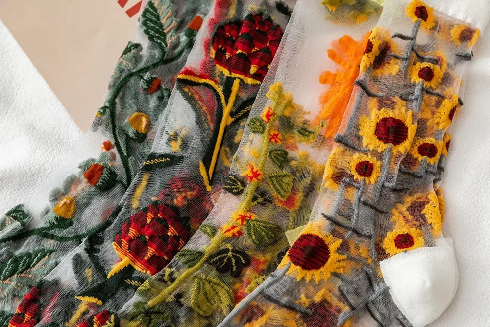 BotaniBabe Sheer Bloom Socks – Embroidered Crystal Silk Socks