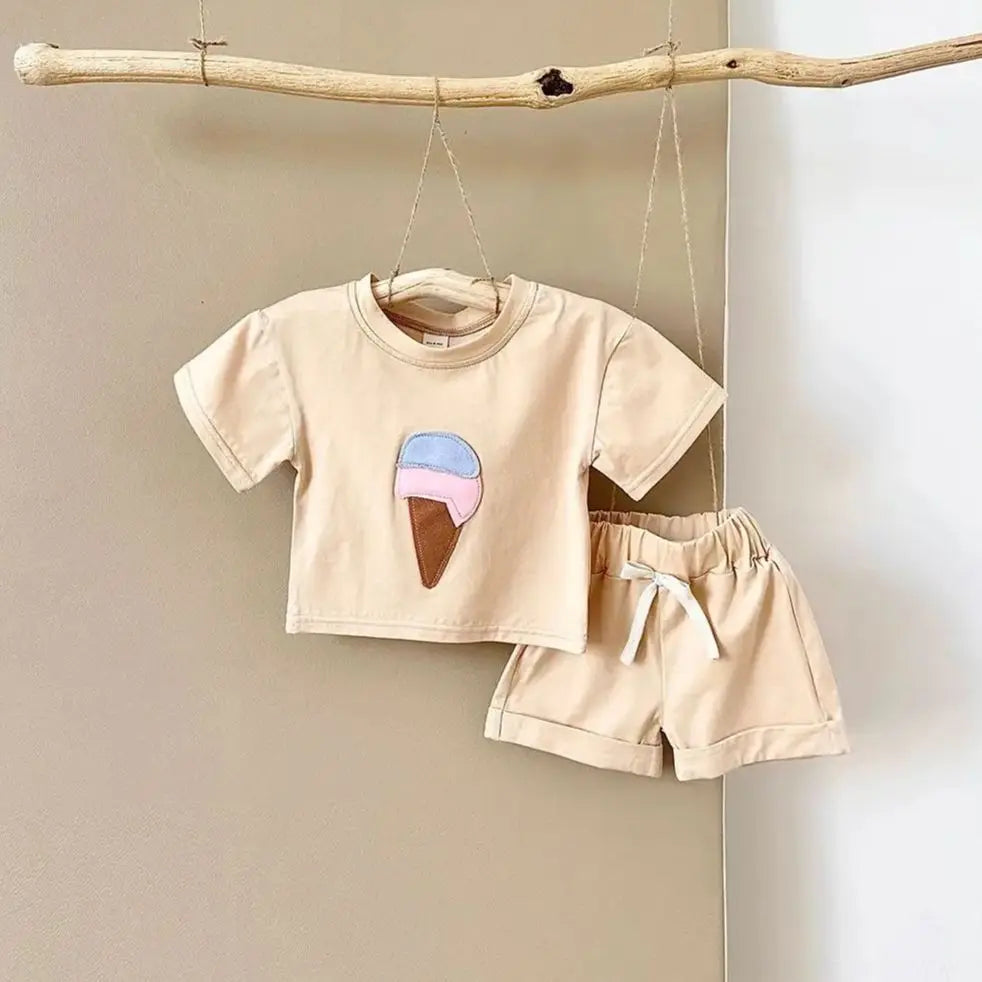 Baby Outfit Set for Newborns -Summer Ice Cream Print round Baby Outfit SeNeck T-shirt Sports Shorts 2PCS  Combo Unisex 0-3 Years