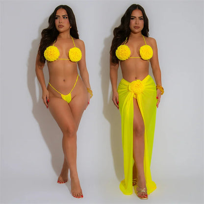 Flower pop three piece swimsuit
