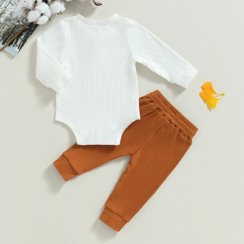 Baby Boy 2 Piece Outfit Solid Color Ribbed Button Long Sleeve Rompers and Elastic Pants Fall Spring Clothes