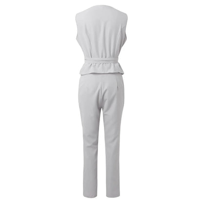 Elegant Pantsuit Set 2 Piece Solid V-Collar Top and Trousers for Women's Fashion Streetwear Summer Outfit