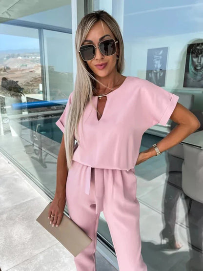 Women's Summer Jumpsuit Solid Color Short Sleeve V-neck Pocket Lace-up Pencil Long Pants