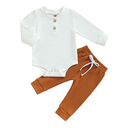 Baby Boy 2 Piece Outfit Solid Color Ribbed Button Long Sleeve Rompers and Elastic Pants Fall Spring Clothes