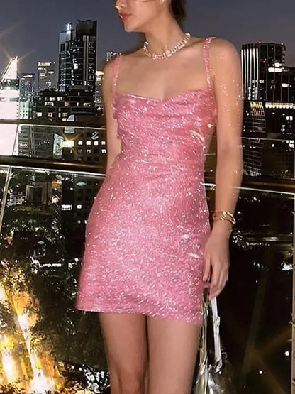 Sexy 90s Cowl-Neck Rave Dress - Glitter Y2K Clubwear | Femstylo
