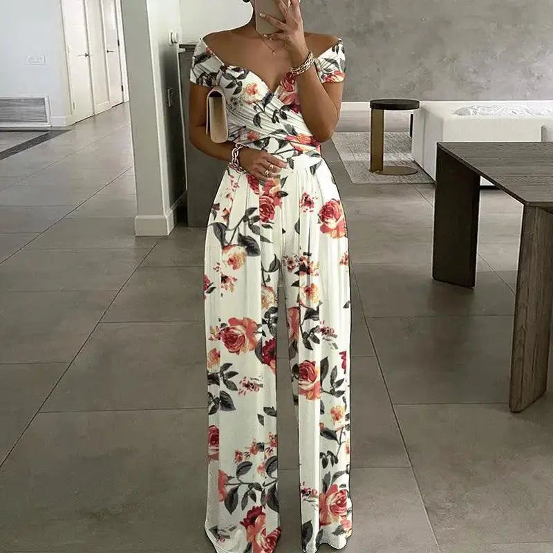 Fashion Printed Off-shoulder Jumpsuit for Women - Casual High-waist Sleeveless One-shoulder Jumpsuit