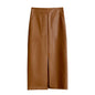Slim Straight Faux Leather Skirt Women Chic Split Design Fashion