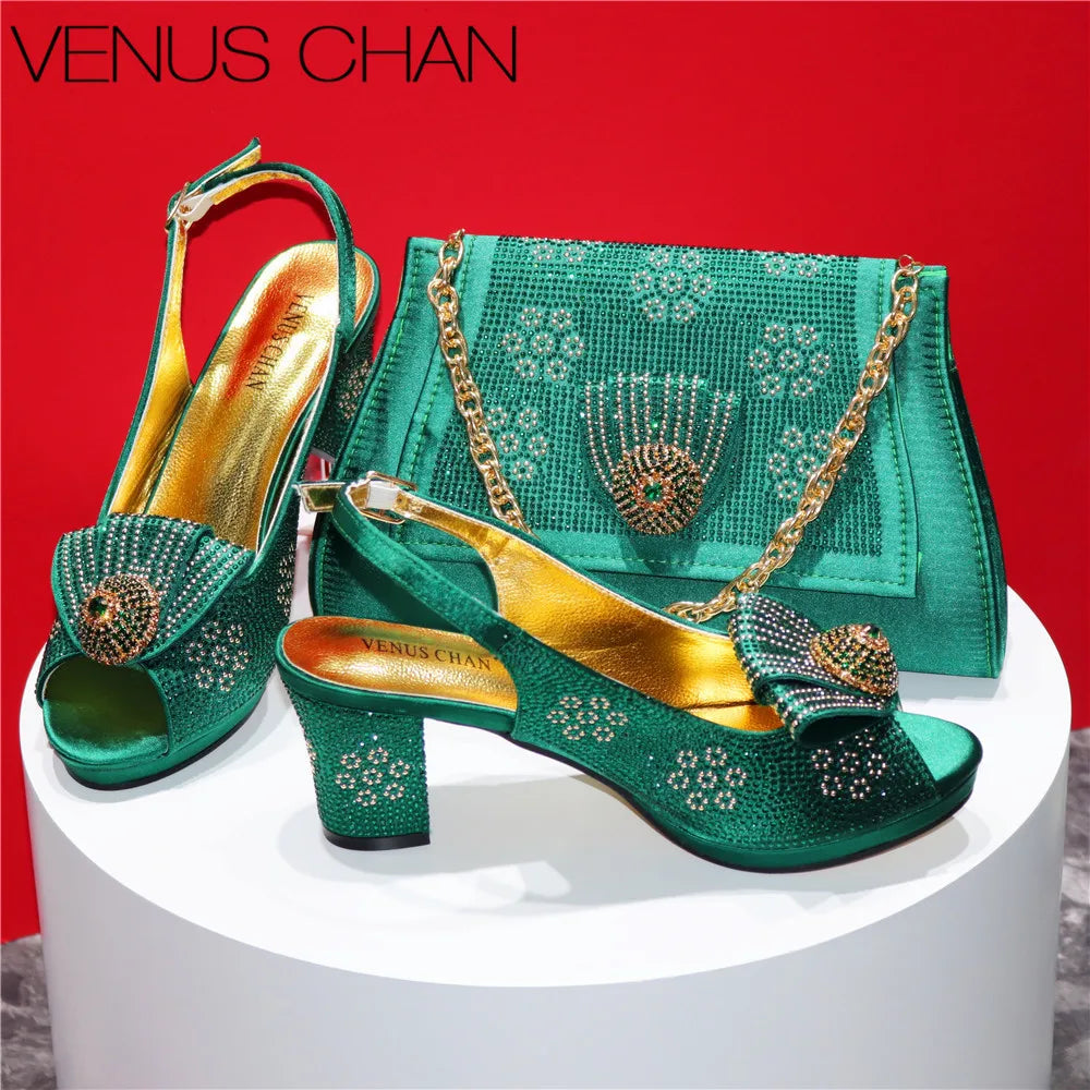 New Square Heels Peep Toe Shoes Matching Bag Set